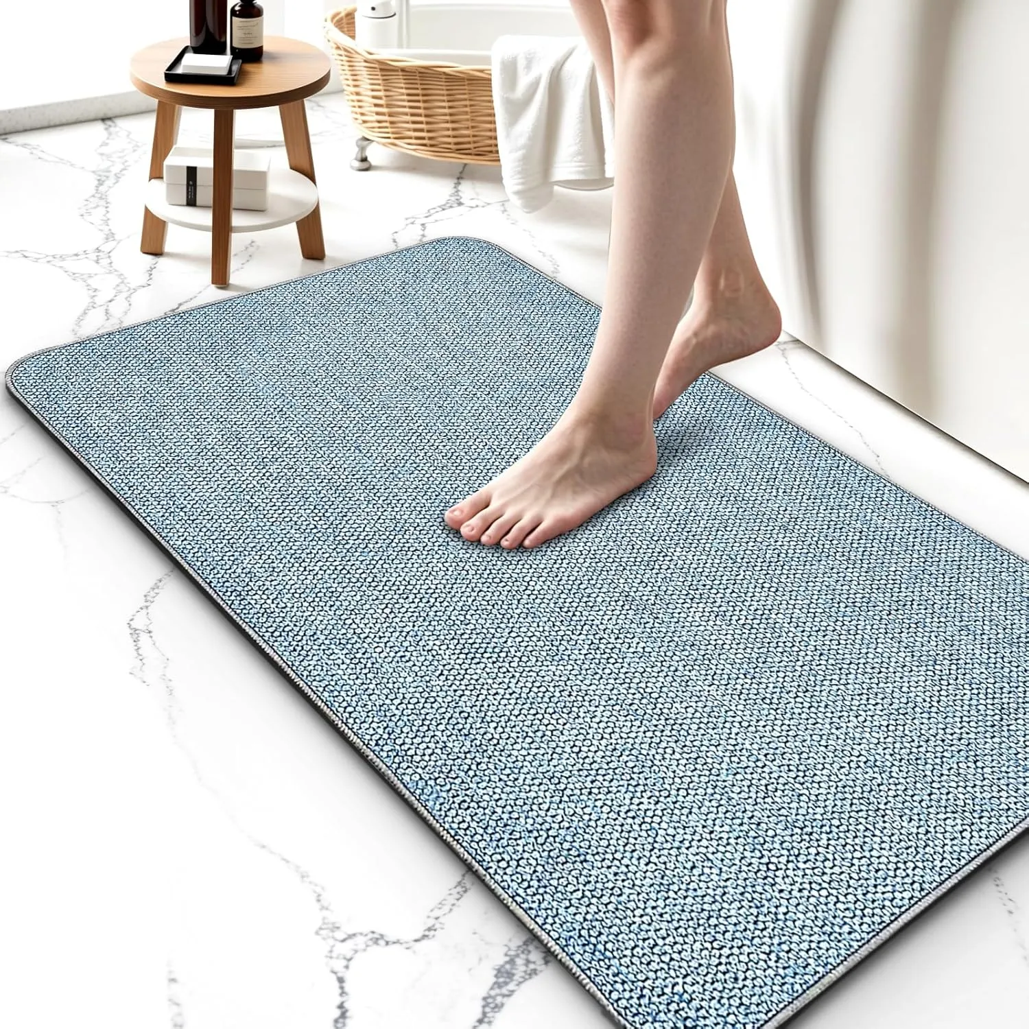 Upgraded Thin Bathroom Rugs, Bath Mat Super Absorbent, Bath Rugs Rubber Backing Non-Slip, Quick Dry Machine Washable, Cozy Cloth Bathroom Mat fit Under Door/Sink/ Bathtub/Area Rug Sets 24''x36''-Blue