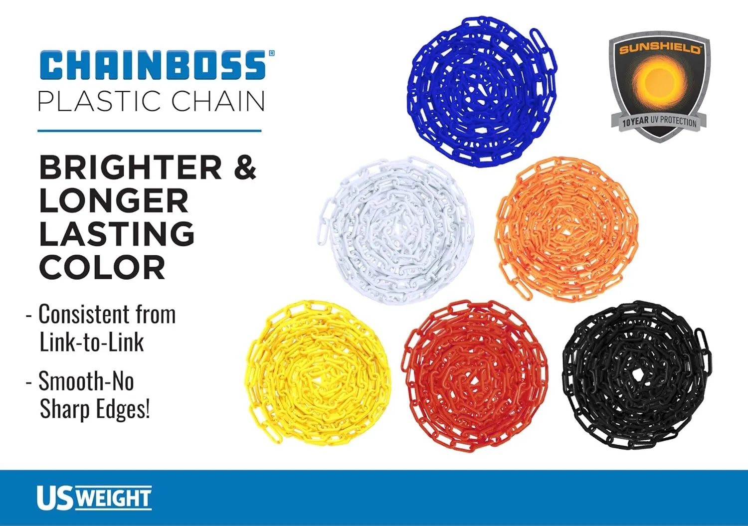 US Weight Security Chain with Plastic Chain Links Enhanced with SunShield UV-Resistant Technology, Made in the USA