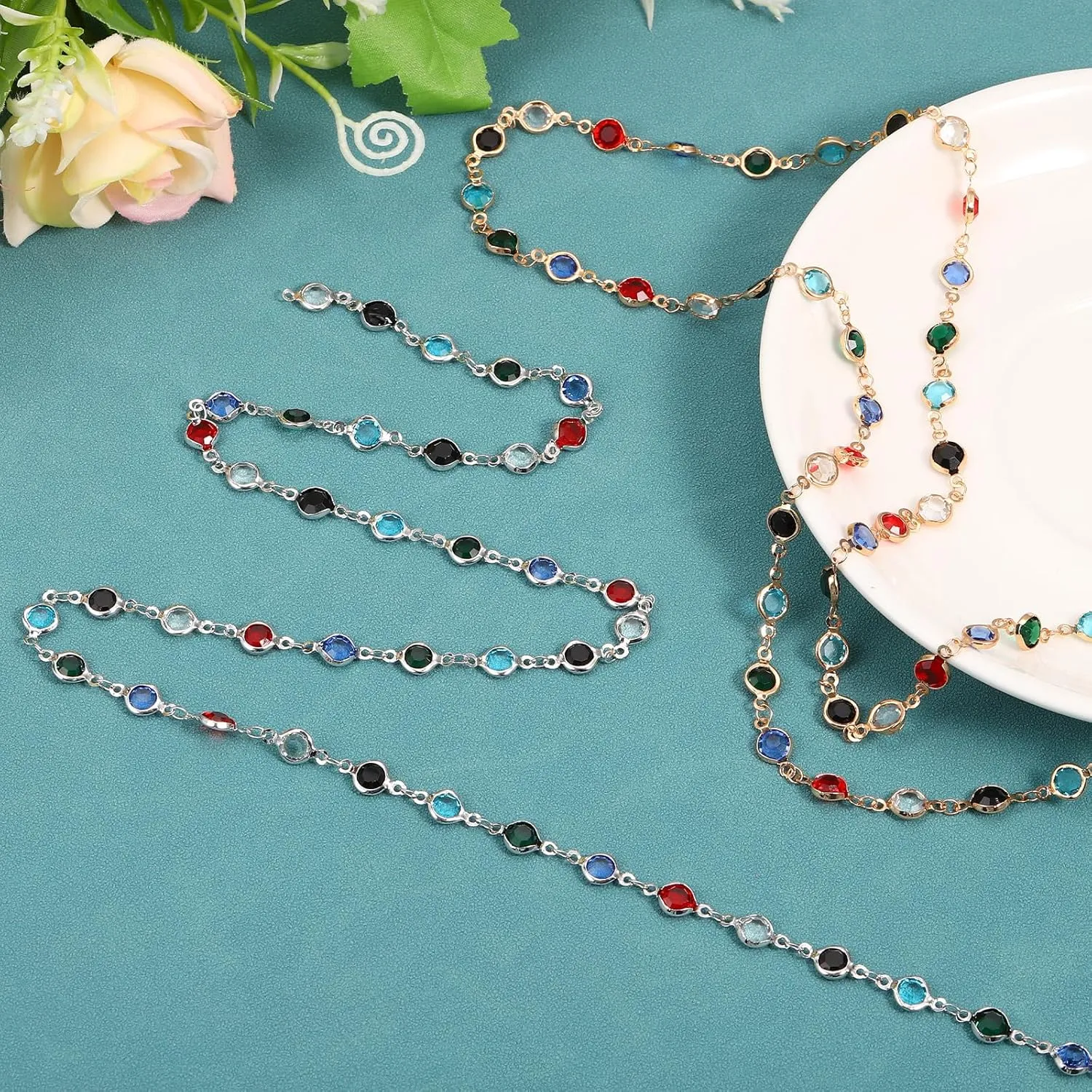uxcell 5 Yards Rainbow Rhinestone Chain Bulk with Silver Plated Brass Chain for Jewelry Making Craft DIY Bracelet, Necklace, Glass, Shoes, Clothes Decoration (1 Yard for Each Piece)