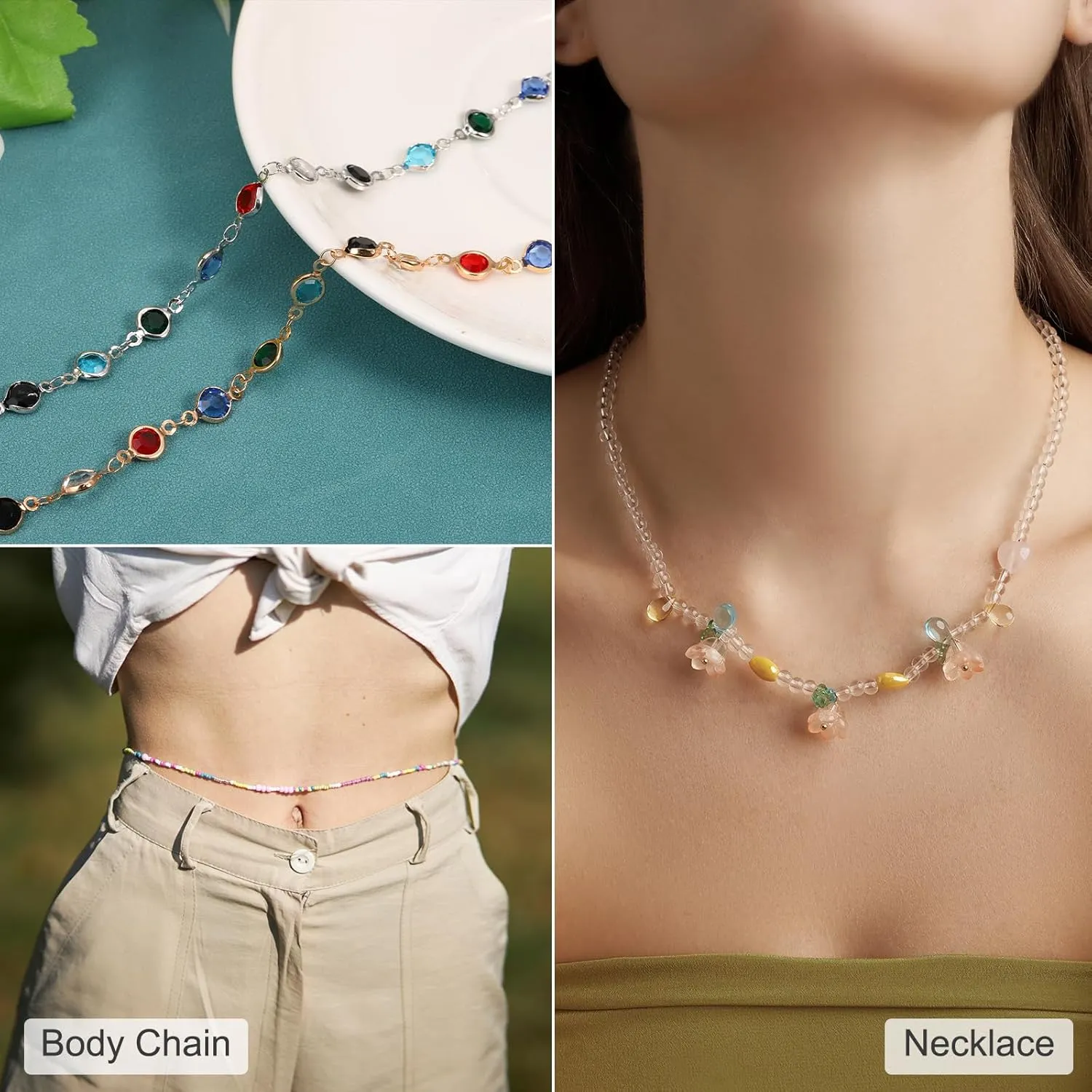 uxcell 5 Yards Rainbow Rhinestone Chain Bulk with Silver Plated Brass Chain for Jewelry Making Craft DIY Bracelet, Necklace, Glass, Shoes, Clothes Decoration (1 Yard for Each Piece)