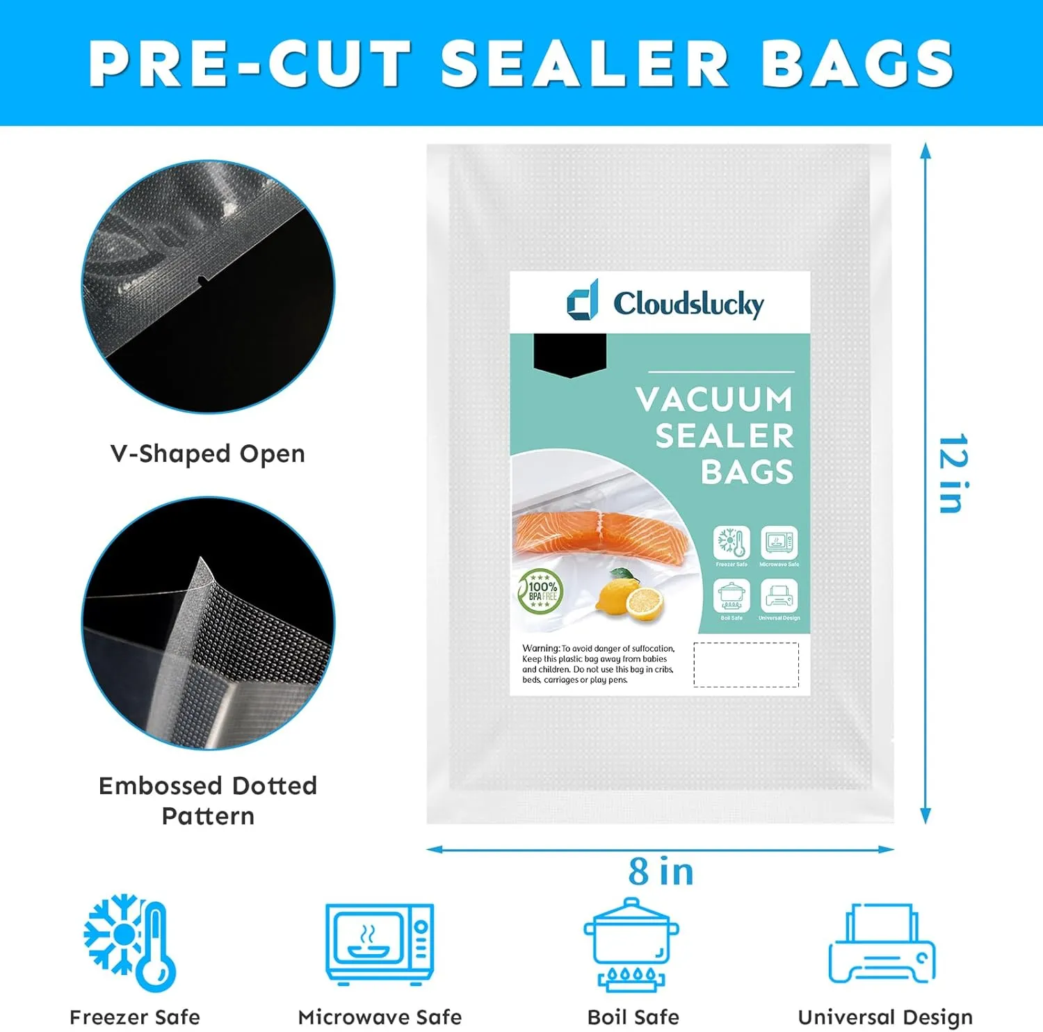Vacuum Sealer Bags for Food Quart 8"x12" 200 Pcs Seal a Meal Bag, Food Saver Bags Sous Vide Bags Pre-cut Thick BPA-Free Textured Heavy Duty Vacuum Seal, Meat Cheese Dry Goods