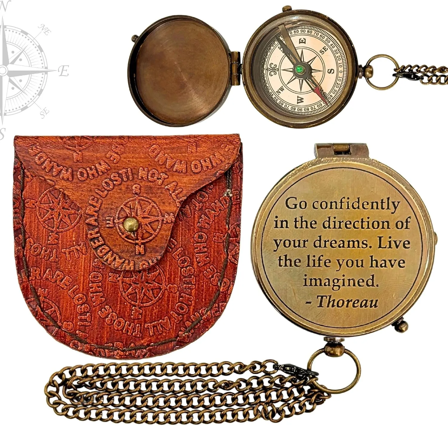 VARTH Antique Chain Compass For Hiking Nautical Brass Pocket With Engraved On Leather Case (Go Confidently)