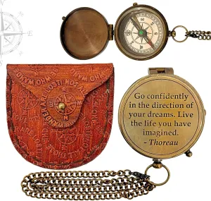 VARTH Antique Chain Compass For Hiking Nautical Brass Pocket With Engraved On Leather Case (Go Confidently)
