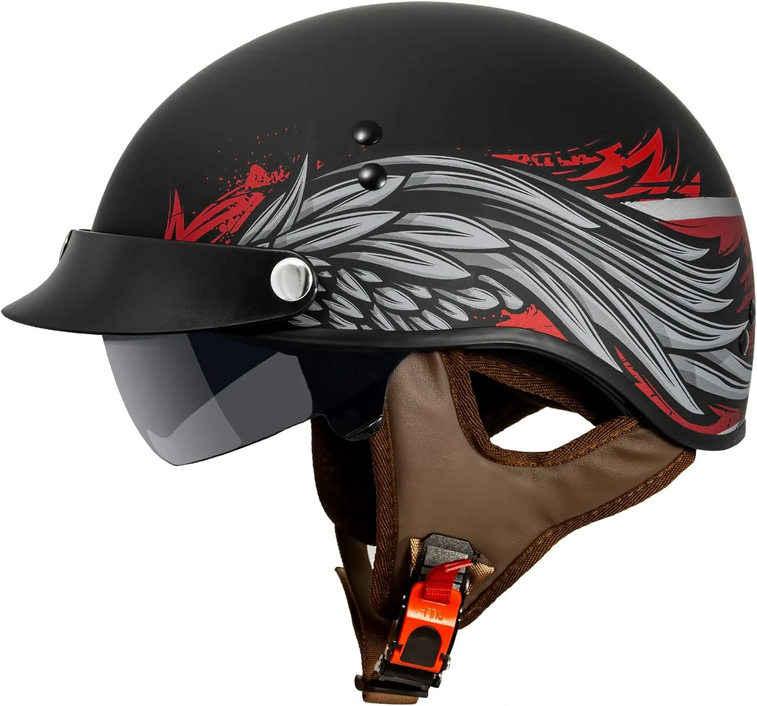 VCAN Cruiser Half Face Motorcycle Helmet with Drop-Down Sun Visor, Removable Peak and Quick Release Buckle