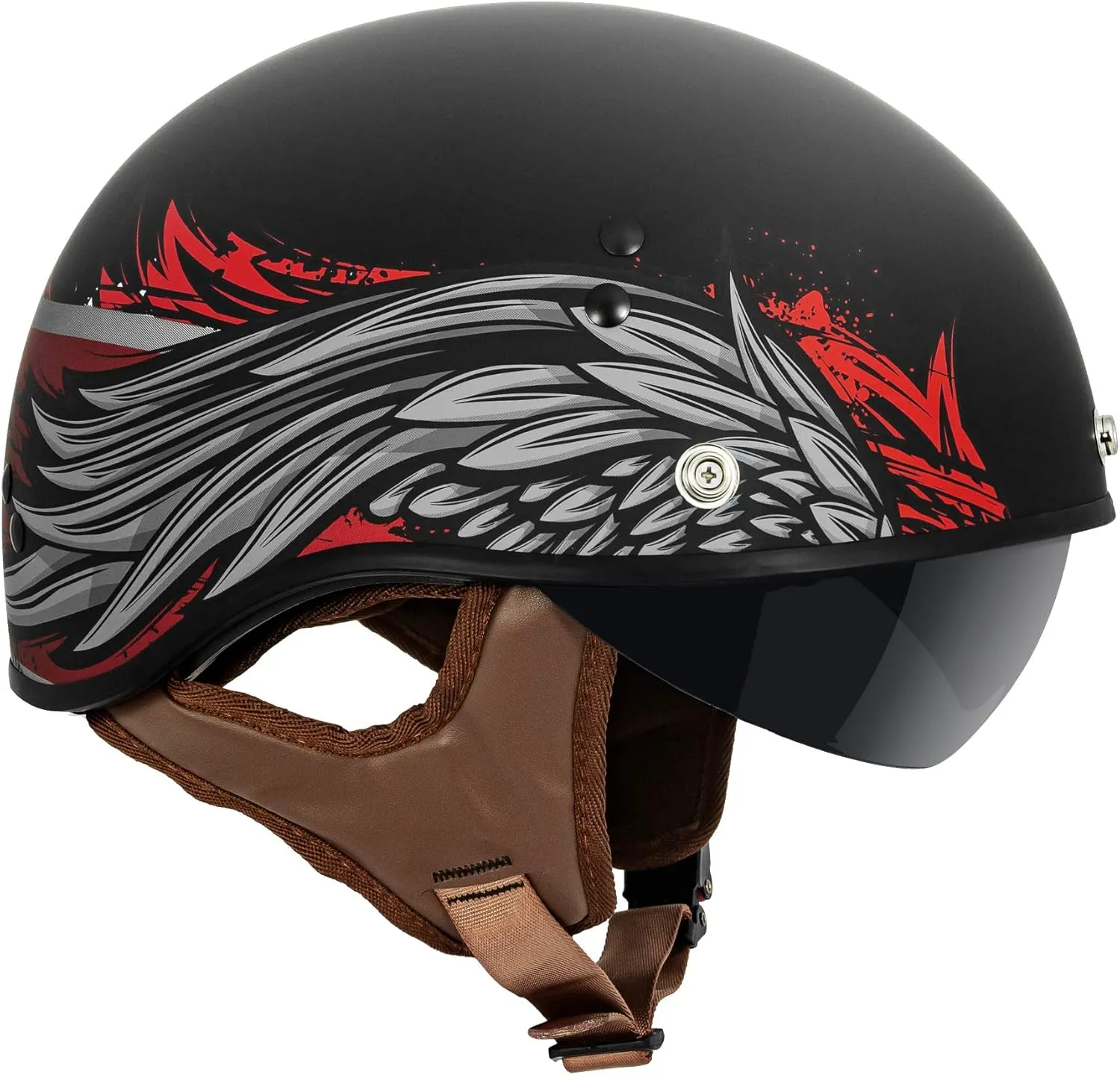 VCAN Cruiser Half Face Motorcycle Helmet with Drop-Down Sun Visor, Removable Peak and Quick Release Buckle