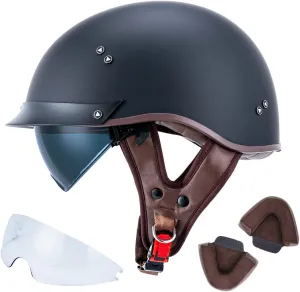 VCOROS Motorcycle Half Face Helmet F-07 with Sun Visor Quick Release Buckle DOT Approved Adult Helmets for Cruiser Chopper Moped Scooter ATV (Matte Black,M