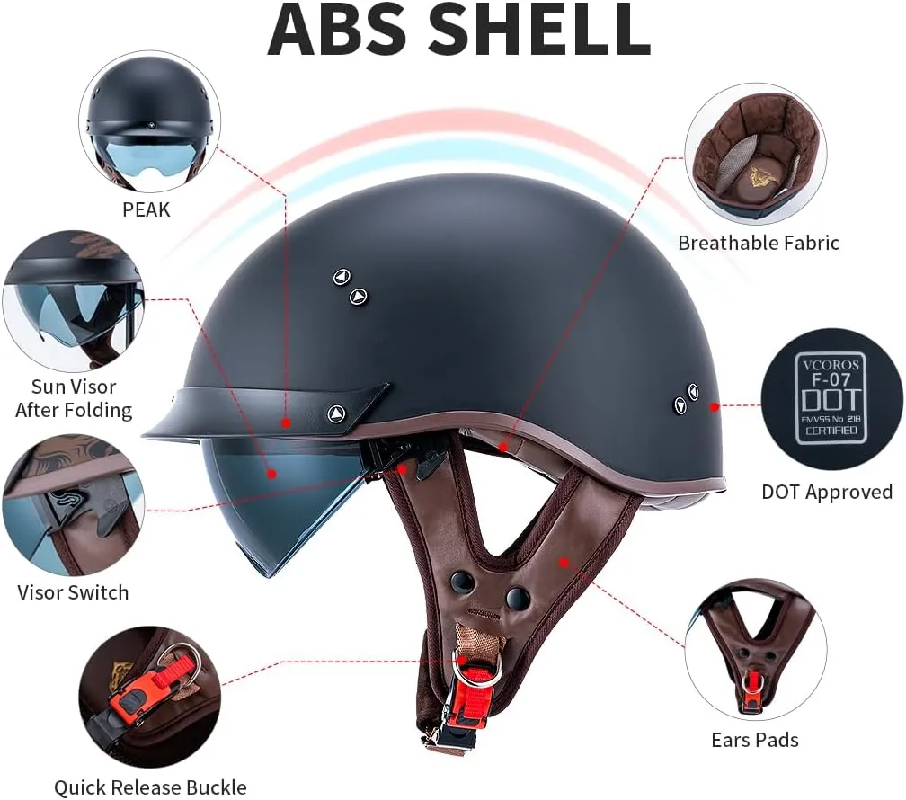 VCOROS Motorcycle Half Face Helmet F-07 with Sun Visor Quick Release Buckle DOT Approved Adult Helmets for Cruiser Chopper Moped Scooter ATV (Matte Black,M