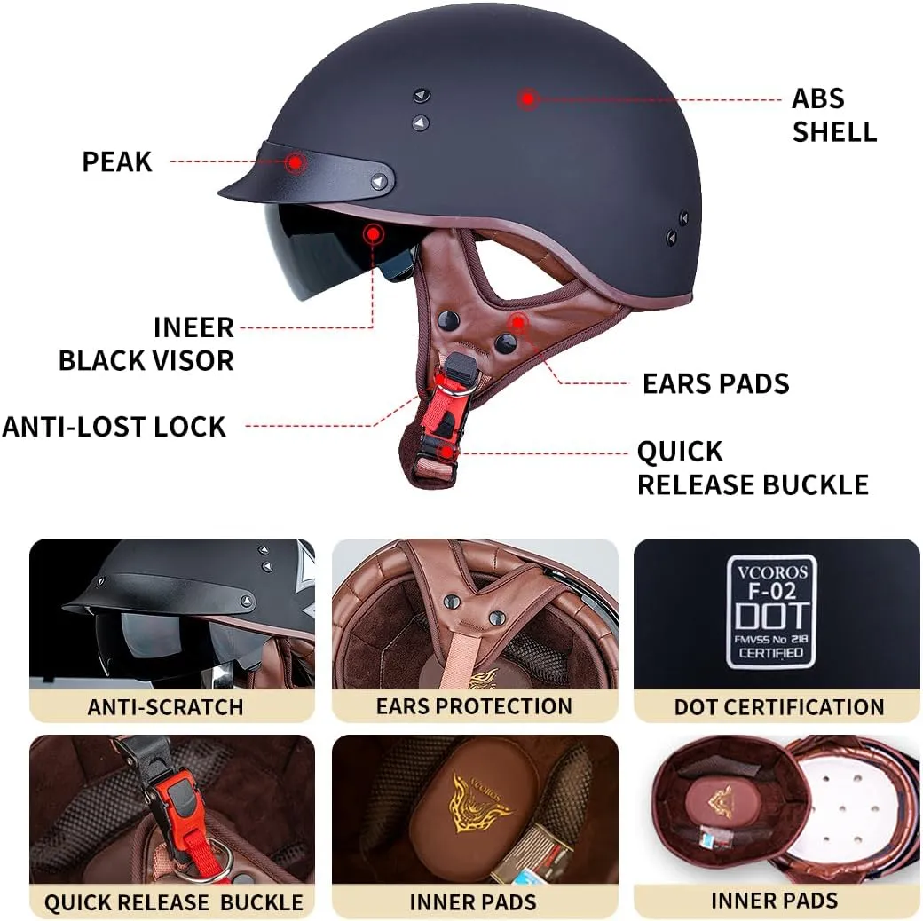 VCOROS Motorcycle Half Face Helmet Sun Visor Quick Release Buckle DOT Approved for Men Women (Matte Black, M)