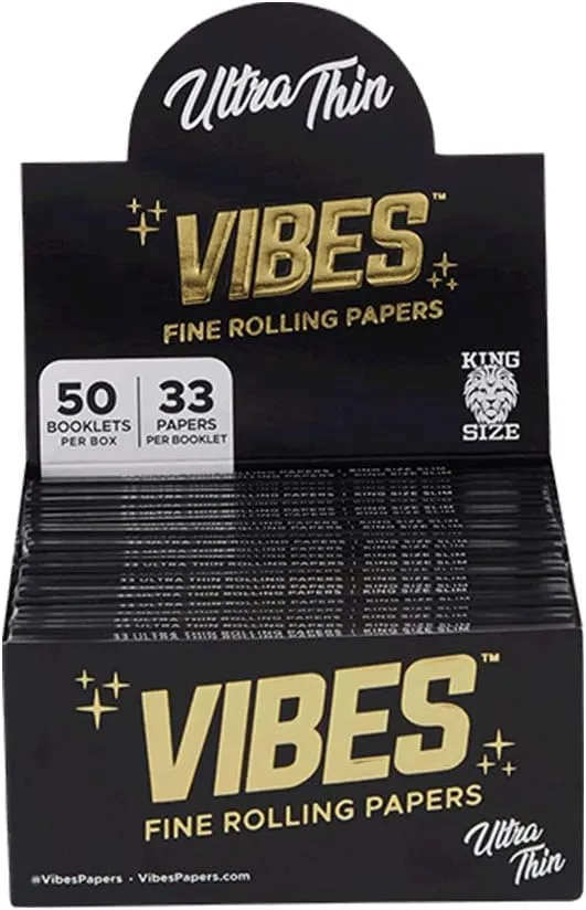 Vibes Rolling Papers King Size Slim - Ultra Thin, 50 Count Display Box 33 Sheets Per Pack Natural Hemp Paper and Arabic Gum, Chlorine Free Technology (Ultra Thin, King Size)