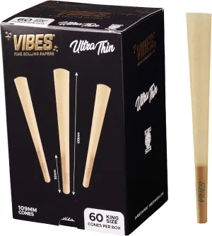 Vibes Ultra-Thin Pre-Rolled Cones (60 Cones) - King Size, 60-Pack Display Box, Chlorine-Free Technology, and Convenient Packing Tool Included