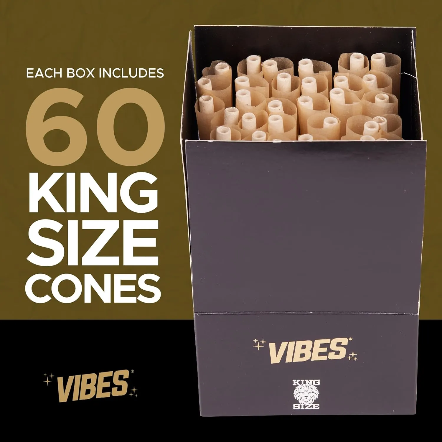 Vibes Ultra-Thin Pre-Rolled Cones (60 Cones) - King Size, 60-Pack Display Box, Chlorine-Free Technology, and Convenient Packing Tool Included