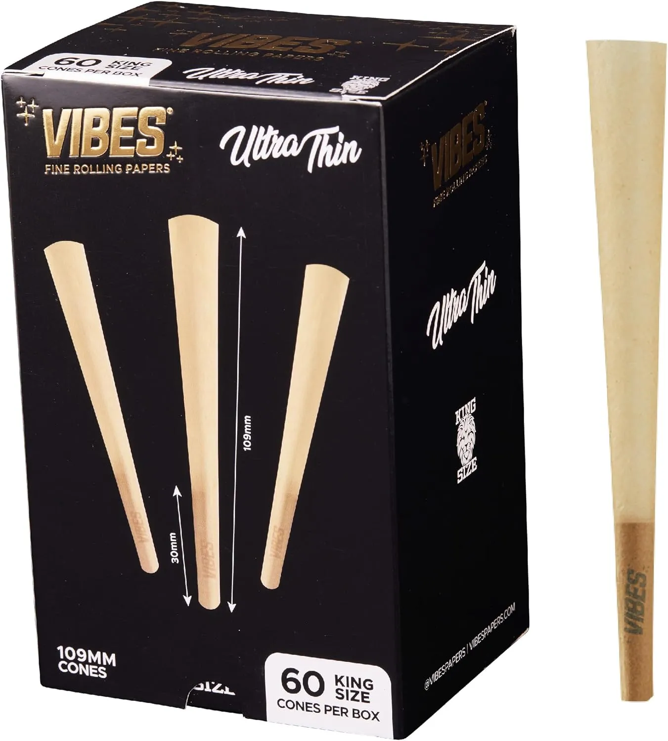 Vibes Ultra-Thin Pre-Rolled Cones (60 Cones) - King Size, 60-Pack Display Box, Chlorine-Free Technology, and Convenient Packing Tool Included