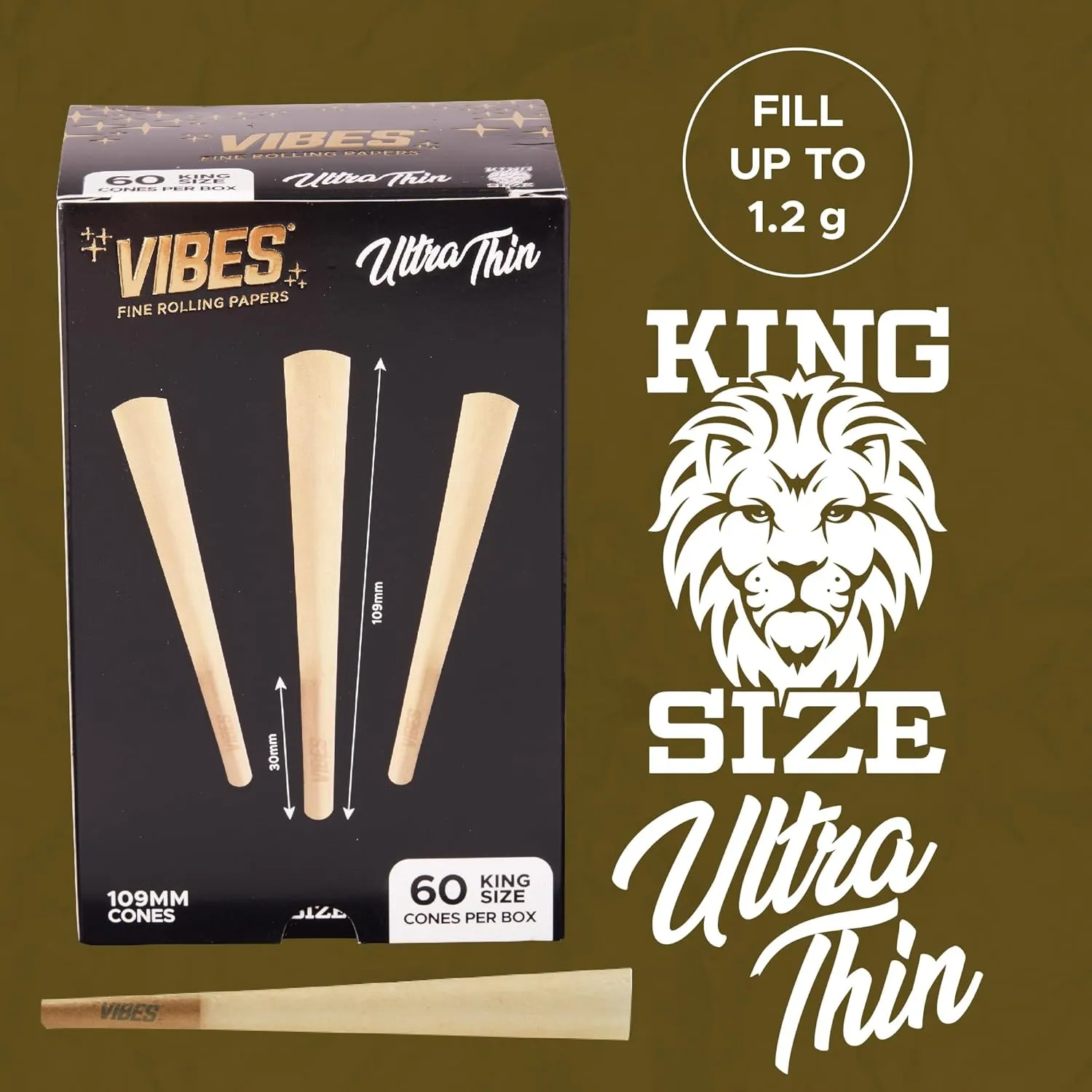 Vibes Ultra-Thin Pre-Rolled Cones (60 Cones) - King Size, 60-Pack Display Box, Chlorine-Free Technology, and Convenient Packing Tool Included