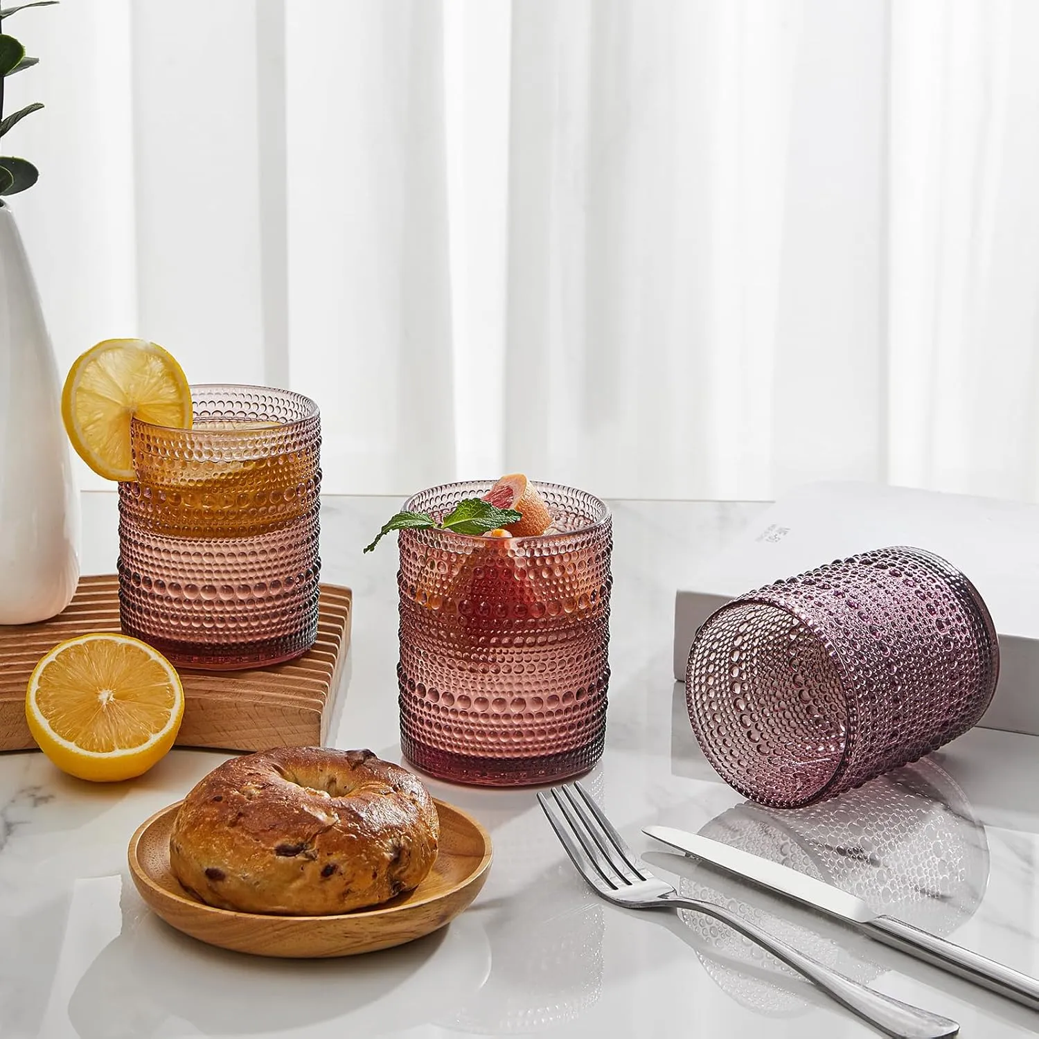 Vintage Glassware Drinking Glasse Set of 6,12 oz Hobnail Glass Cups, Cocktail Glass Set, Embossed Purple Water Tumbler,for Beer, Whiskey,Juice and Various Mixed Drinks