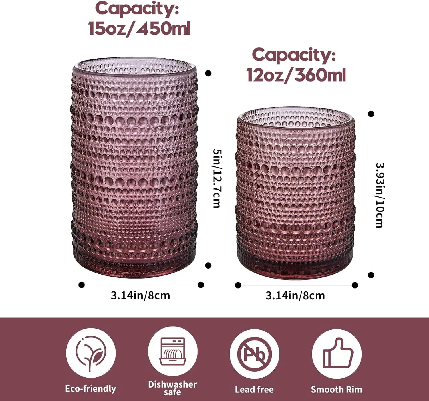 Vintage Glassware Drinking Glasse Set of 6,12 oz Hobnail Glass Cups, Cocktail Glass Set, Embossed Purple Water Tumbler,for Beer, Whiskey,Juice and Various Mixed Drinks