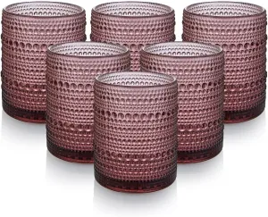 Vintage Glassware Drinking Glasse Set of 6,12 oz Hobnail Glass Cups, Cocktail Glass Set, Embossed Purple Water Tumbler,for Beer, Whiskey,Juice and Various Mixed Drinks