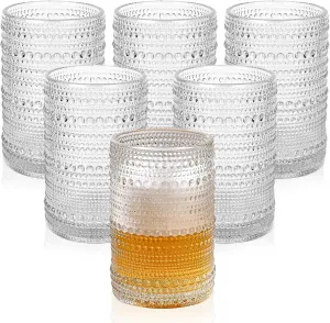 Vintage Glassware Drinking Glasses Set of 6,15 oz Hobnail Glass Cups,Embossed Clear Water Tumbler,for Beer,Cocktail,Whiskey,Juice and Various Mixed Drinks- 1 Cleaning Brush