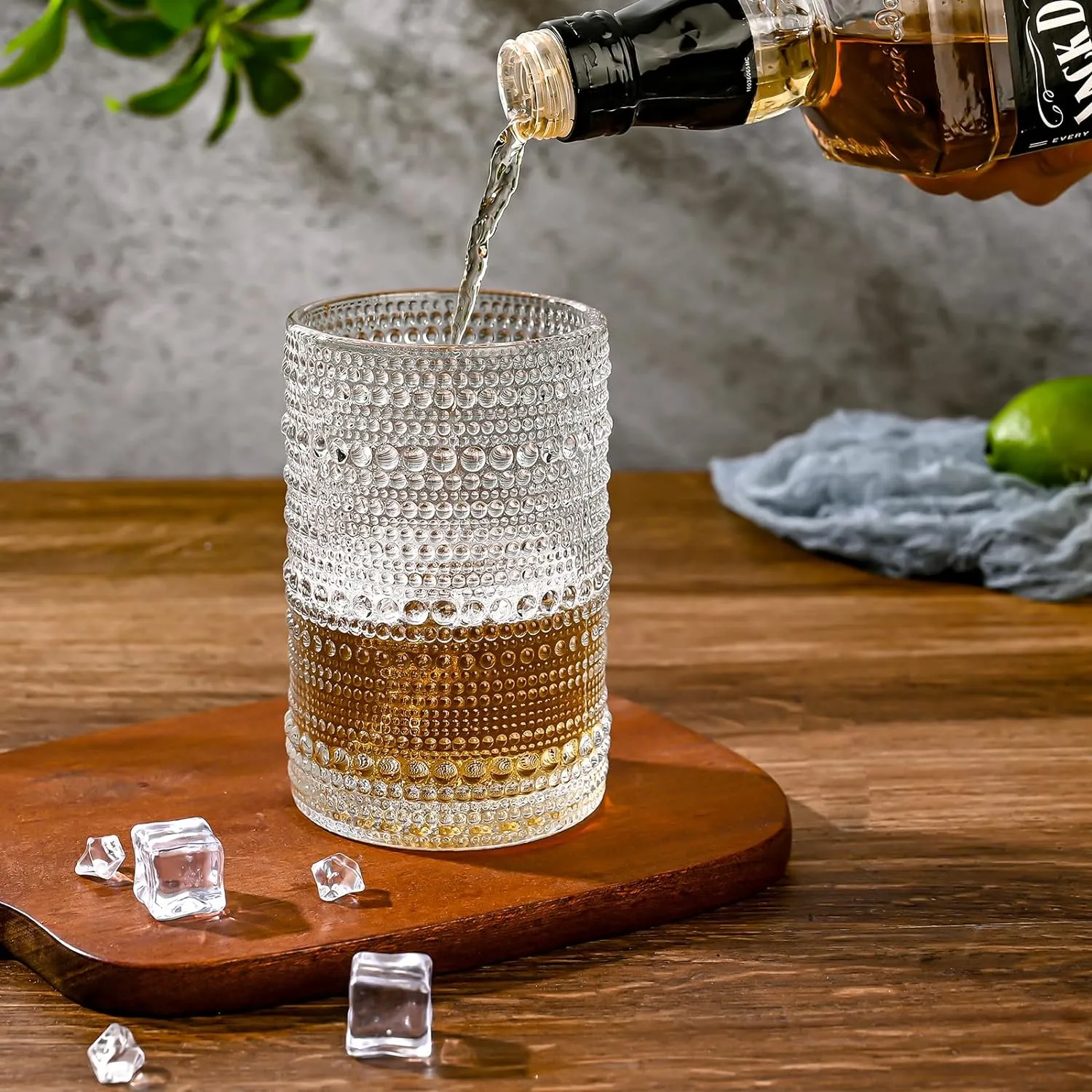 Vintage Glassware Drinking Glasses Set of 6,15 oz Hobnail Glass Cups,Embossed Clear Water Tumbler,for Beer,Cocktail,Whiskey,Juice and Various Mixed Drinks- 1 Cleaning Brush