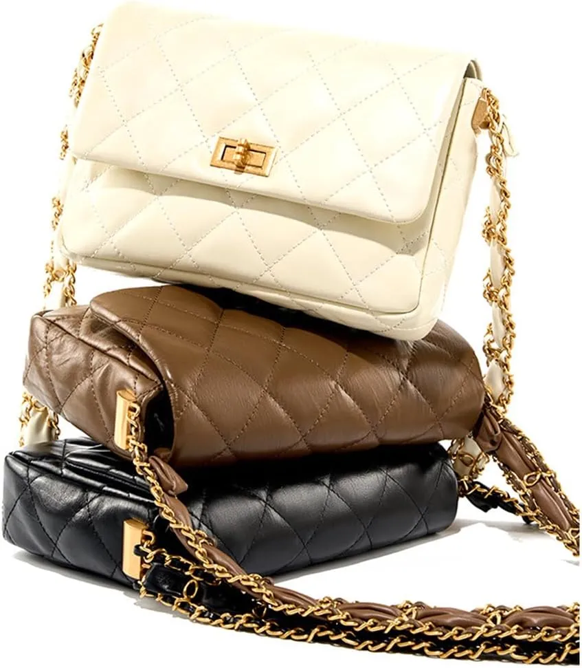 Vintage Quilted Fold Over Crossbody Bag Chain Strap Fashion Buckle Shoulder Purse Belt Bag for Women
