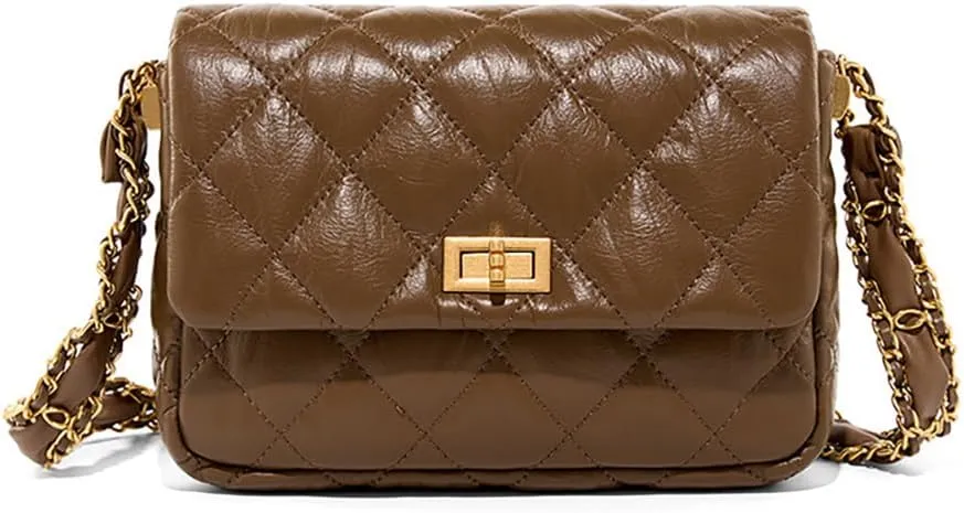 Vintage Quilted Fold Over Crossbody Bag Chain Strap Fashion Buckle Shoulder Purse Belt Bag for Women