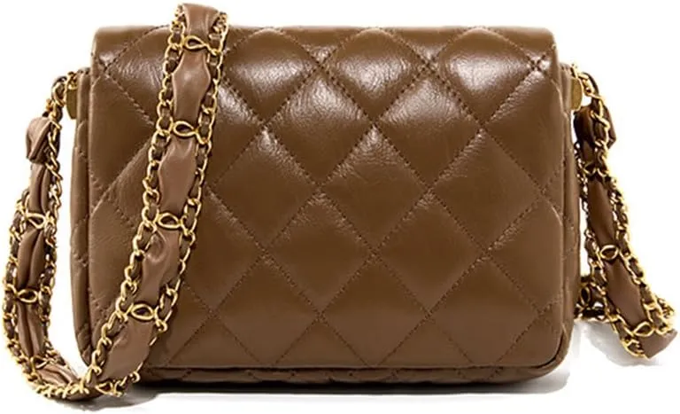 Vintage Quilted Fold Over Crossbody Bag Chain Strap Fashion Buckle Shoulder Purse Belt Bag for Women