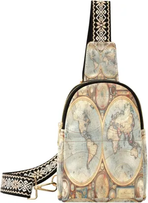 Vintage World Map Sling Bag with Adjustable Strap Crossbody Fanny Packs PU Leather Belt Chest Bag Purse for Women Travel Men Sling Purse