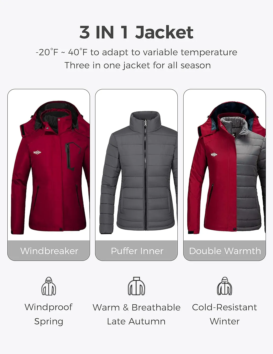 wantdo Women's 3 in 1 Waterproof Ski Jacket Mountain Snowboarding Jacket Winter Snow Coat