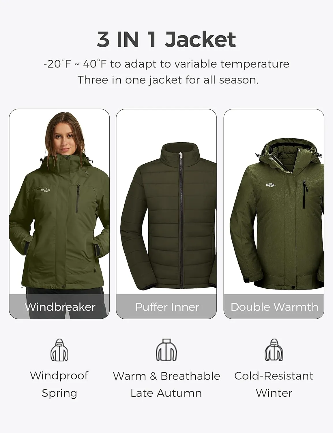 wantdo Women's 3 in 1 Waterproof Ski Jacket Windproof Winter Snow Coat Snowboarding Jackets Warm Raincoat