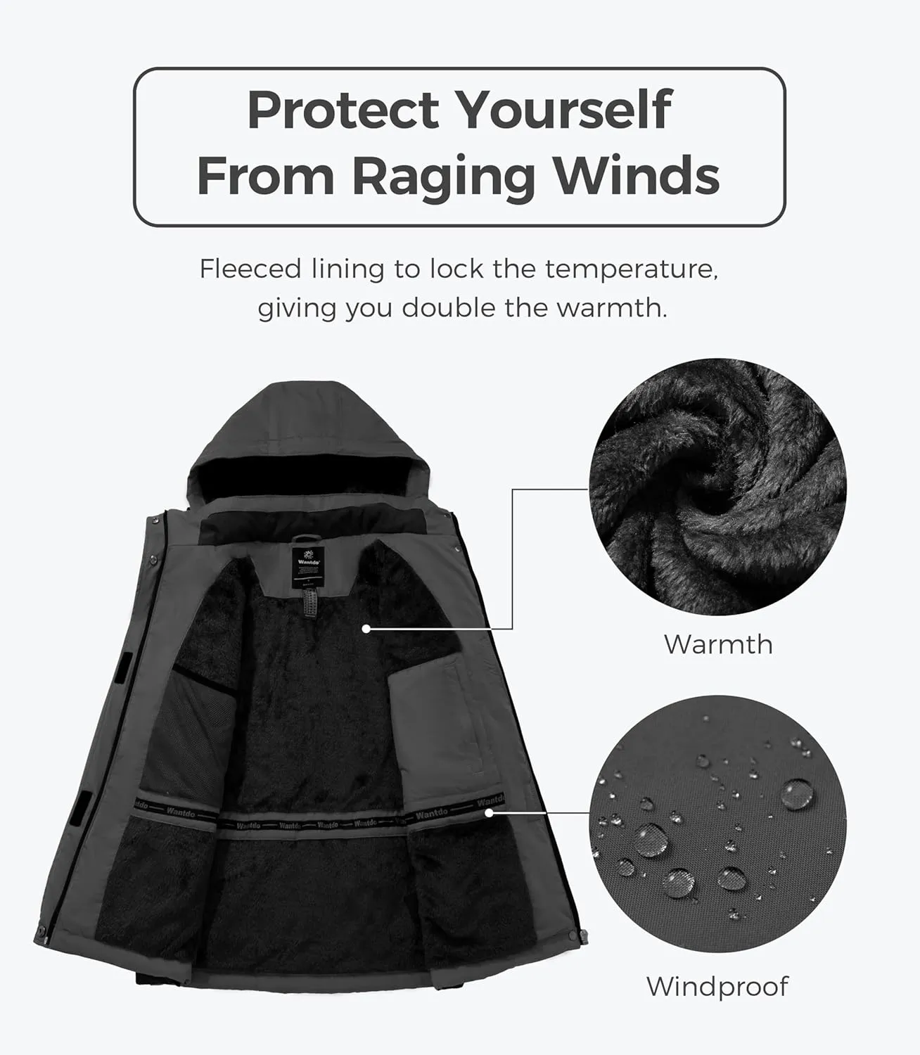 Wantdo Women's Waterproof Ski Jacket Warm Winter Coats Windproof Fleece Rain Jackets Outdoor Outwear