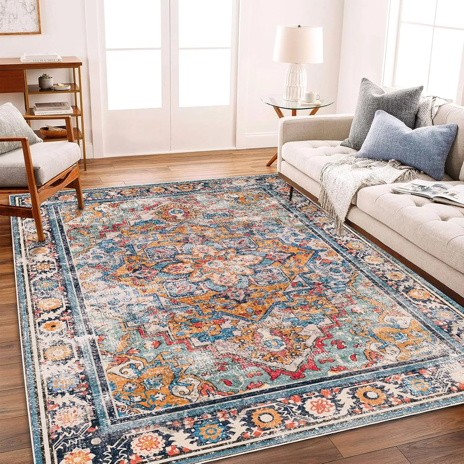 Washable Area Rug 9'x12' Boho Chic Medallion Distressed Design Non-Shedding Easy Care Ideal for High Traffic Areas in Living Room Bedroom Office Coffee Table Large Carpet