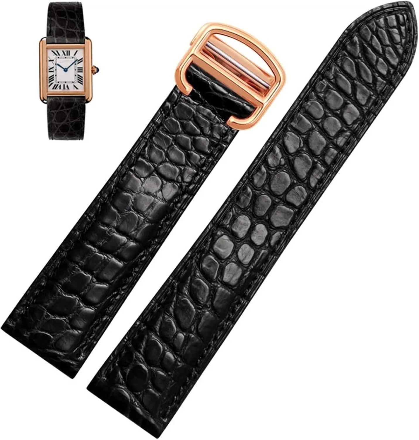 Watch Strap Suitable for Cartier Crocodile Leather Watch Strap Men Leather Tank Key London Calibo Watch Chain Women 20mm (Color : Black Rose Gold, Size : 23mm)