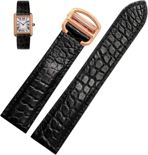 Watch Strap Suitable for Cartier Crocodile Leather Watch Strap Men Leather Tank Key London Calibo Watch Chain Women 20mm (Color : Black Rose Gold, Size : 23mm)