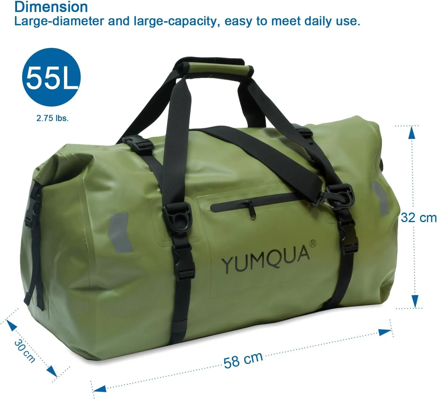 Waterproof Duffel Bag Keeps Gear Dry, Heavy Duty Roll Top Dry Duffle Bag Perfect for Motorcycle Traveling Camping Hiking Fishing Skating Boating Kayaking, 55L Army Green