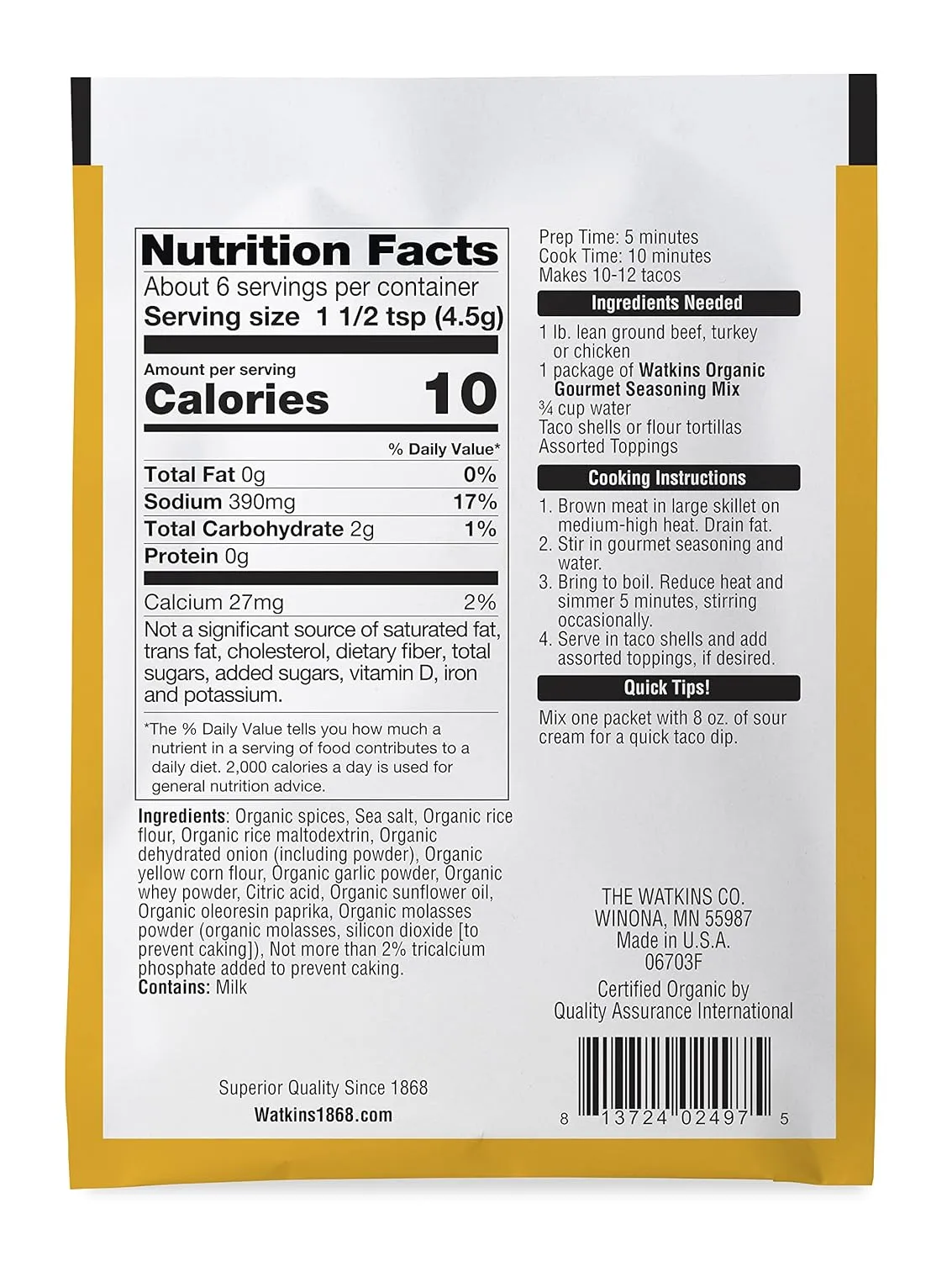Watkins Organic Taco Gourmet Seasoning Mix, 1 oz. Packets,12 Count(Pack of 1)