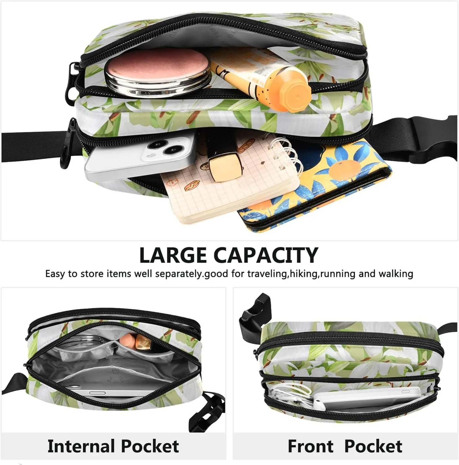 White Lily Floral Fanny Packs for Women Waterproof Everywhere Belt Bag Cute Cross Body Waist Purse