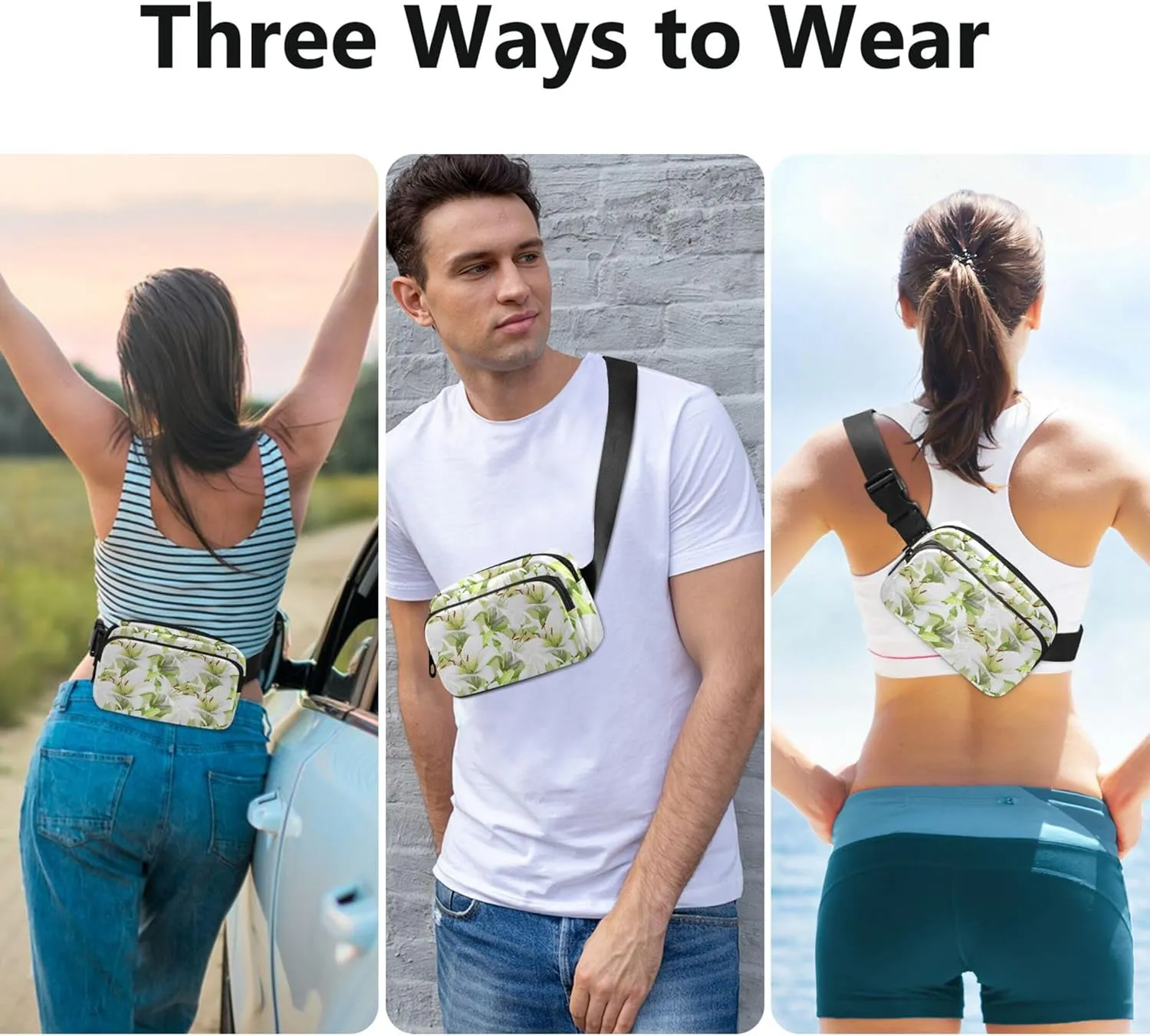White Lily Floral Fanny Packs for Women Waterproof Everywhere Belt Bag Cute Cross Body Waist Purse