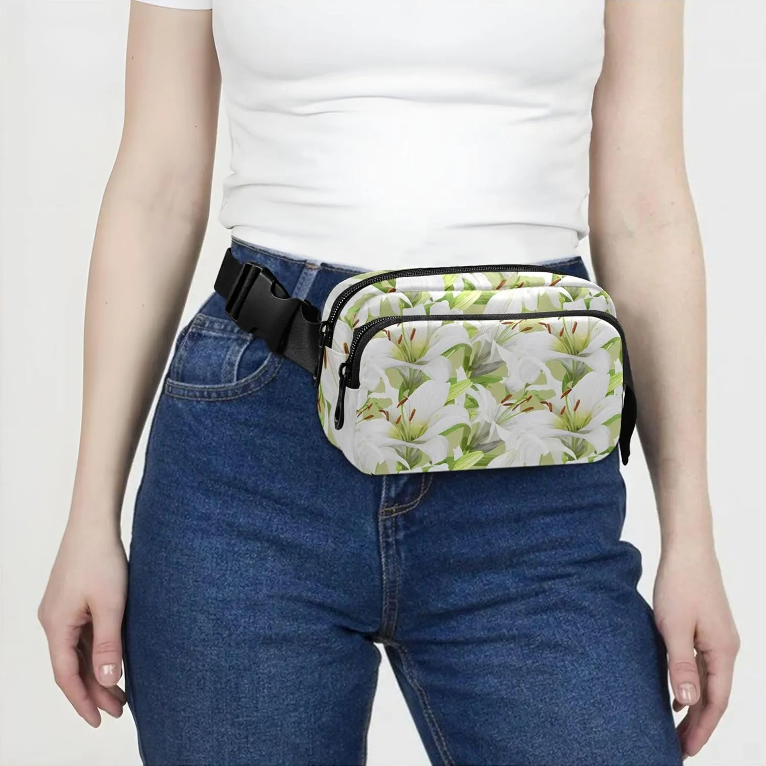 White Lily Floral Fanny Packs for Women Waterproof Everywhere Belt Bag Cute Cross Body Waist Purse