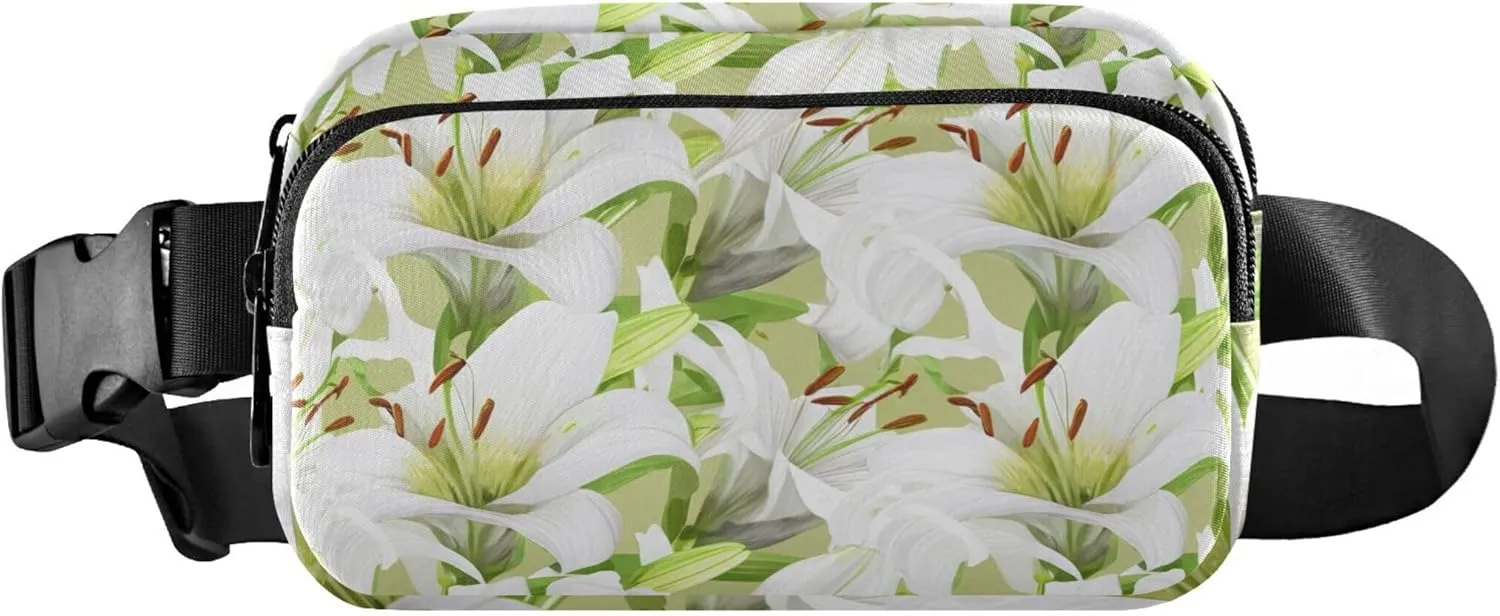 White Lily Floral Fanny Packs for Women Waterproof Everywhere Belt Bag Cute Cross Body Waist Purse