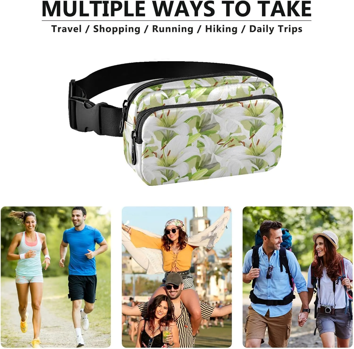 White Lily Floral Fanny Packs for Women Waterproof Everywhere Belt Bag Cute Cross Body Waist Purse