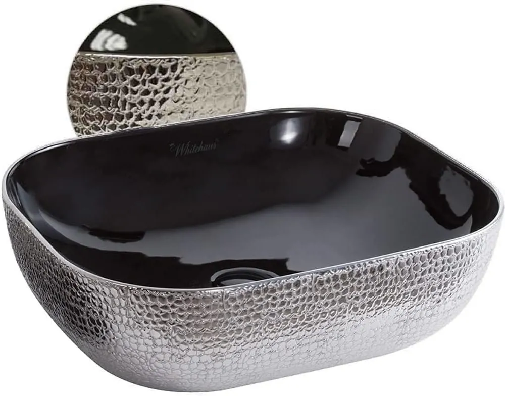 Whitehaus Collection WH71302-F20 Isabella Plus Collection Rectangular Above Mount Basin with an Embossed Exterior, Smooth Interior, and Center Drain, Black/Silver