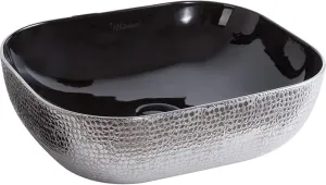 Whitehaus Collection WH71302-F20 Isabella Plus Collection Rectangular Above Mount Basin with an Embossed Exterior, Smooth Interior, and Center Drain, Black/Silver