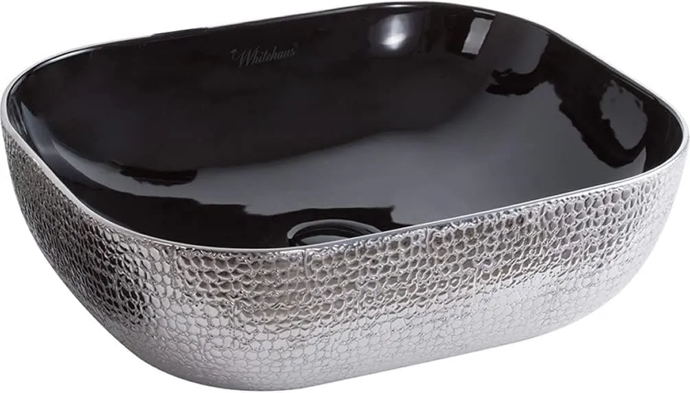 Whitehaus Collection WH71302-F20 Isabella Plus Collection Rectangular Above Mount Basin with an Embossed Exterior, Smooth Interior, and Center Drain, Black/Silver