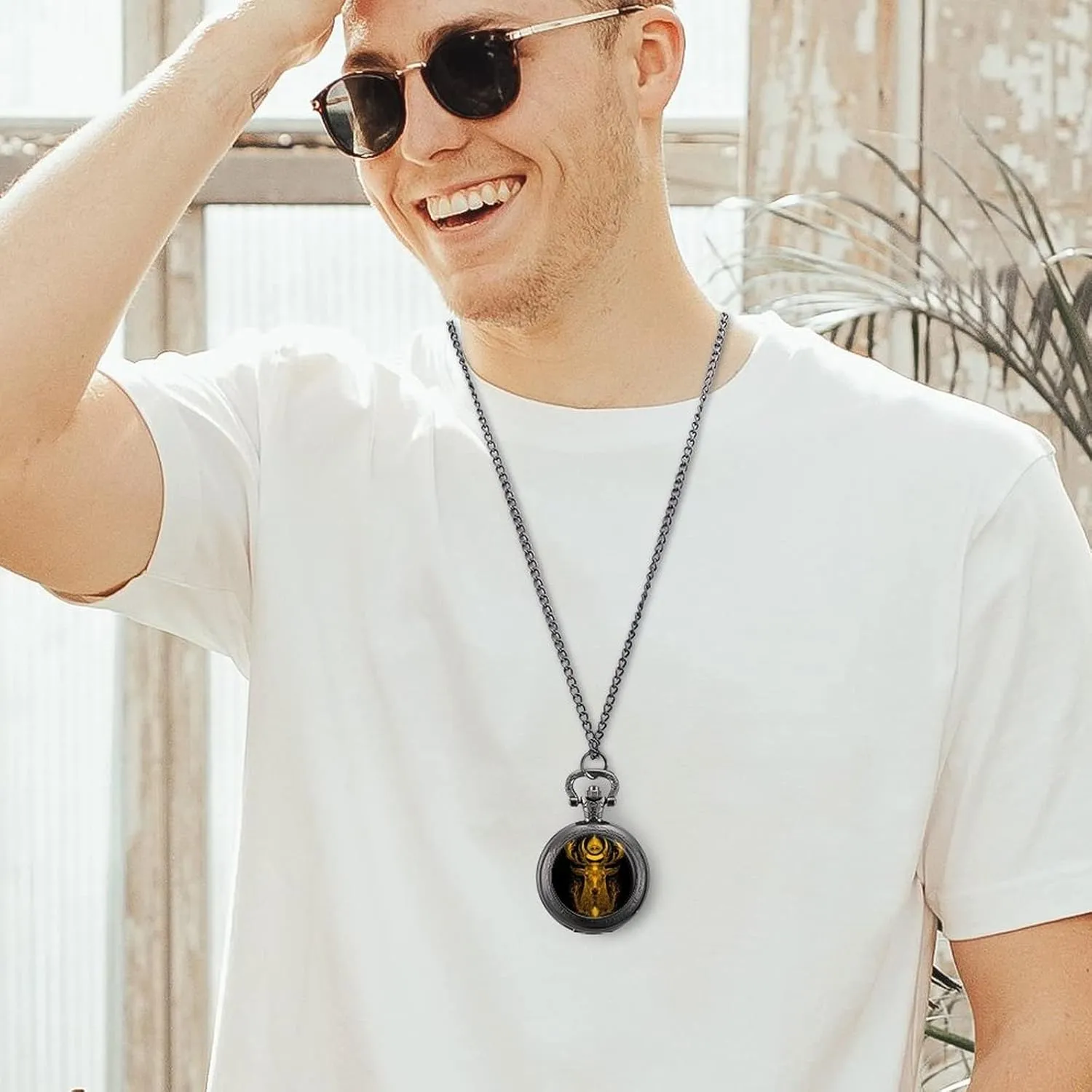 Whitetail Deer Head with with Mystical Symbols Pocket Watch Vintage Pendant Watches Necklace with Chain Gifts for Birthday