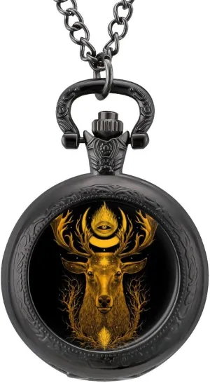 Whitetail Deer Head with with Mystical Symbols Pocket Watch Vintage Pendant Watches Necklace with Chain Gifts for Birthday