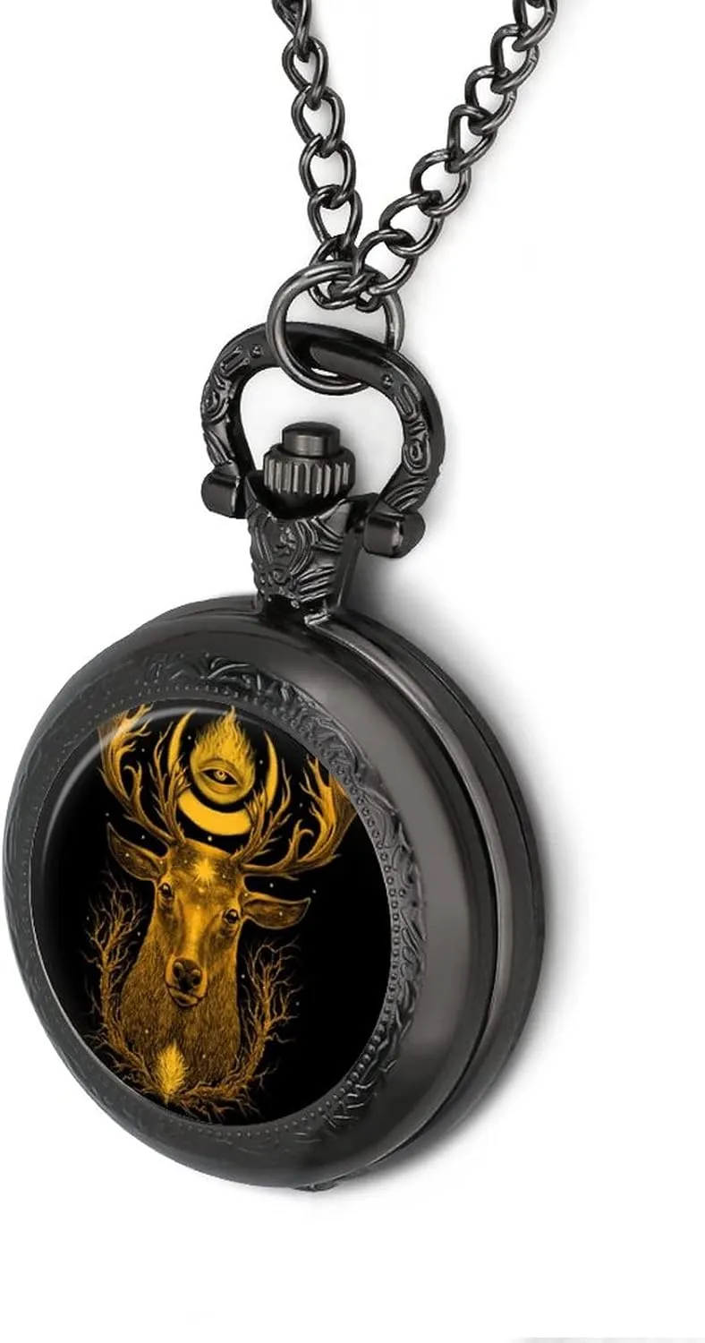 Whitetail Deer Head with with Mystical Symbols Pocket Watch Vintage Pendant Watches Necklace with Chain Gifts for Birthday