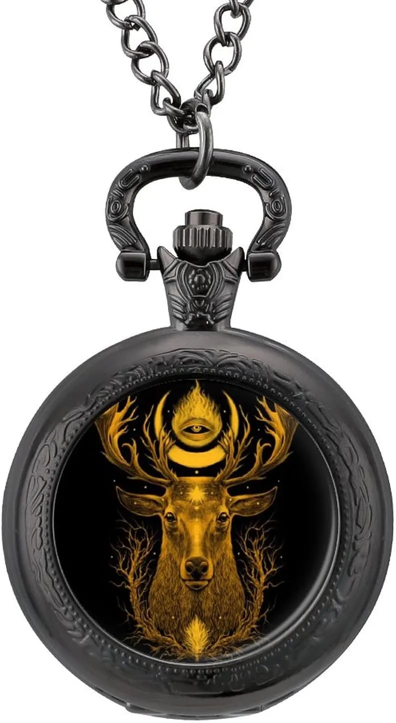 Whitetail Deer Head with with Mystical Symbols Pocket Watch Vintage Pendant Watches Necklace with Chain Gifts for Birthday