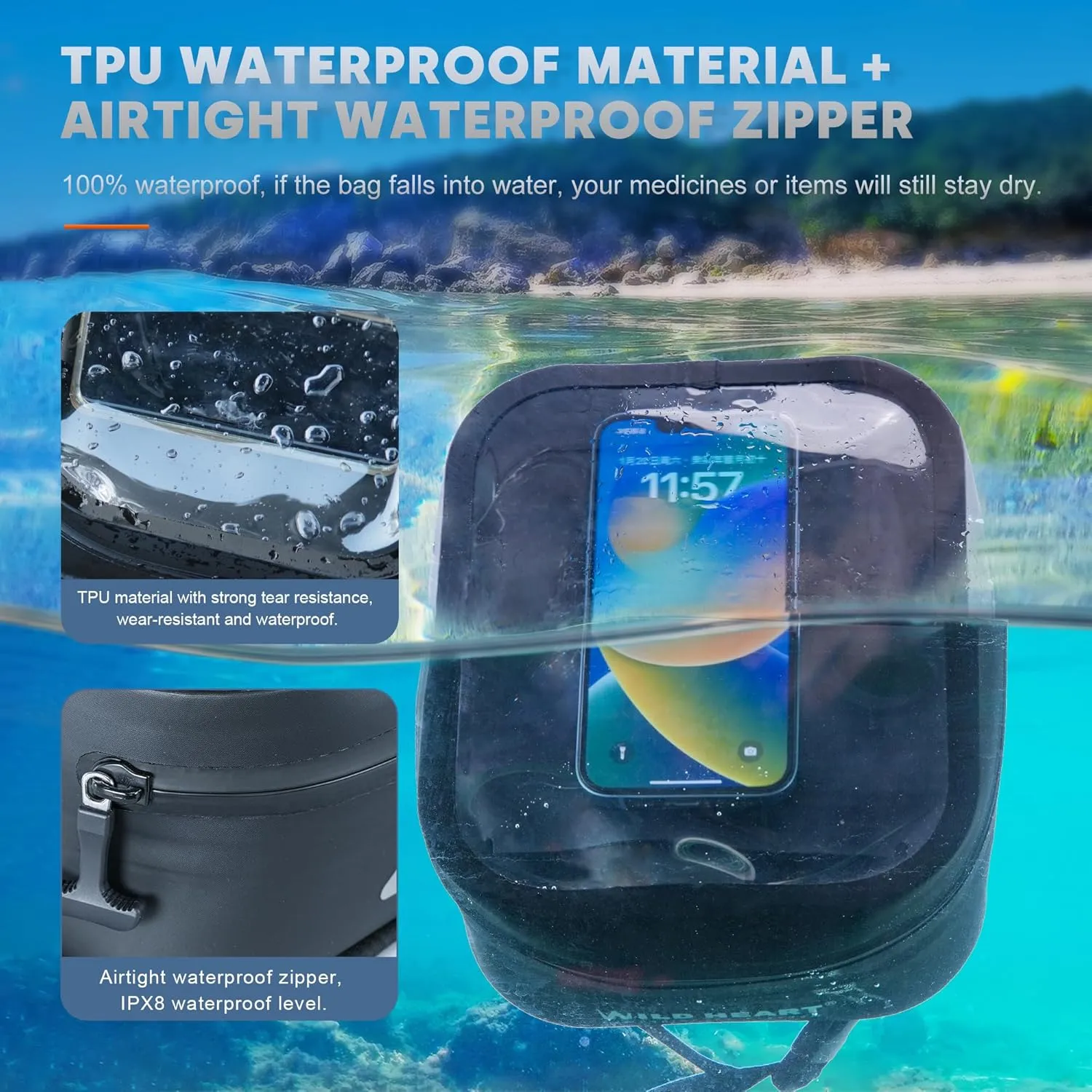 WILD HEART Multifunctional Hanging Bag Motorcycle Waterproof Quick Release Fuel Tank Bag Outdoor First Aid Pouch (Clear Black)