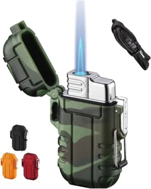 Windproof and Waterproof Lighter Butane Lighter, Jet Flame Butane Lighter with Safety Lock, Outdoor Portable Lighter with Gift Box, for Outdoor Camping Hiking Survival(Green)