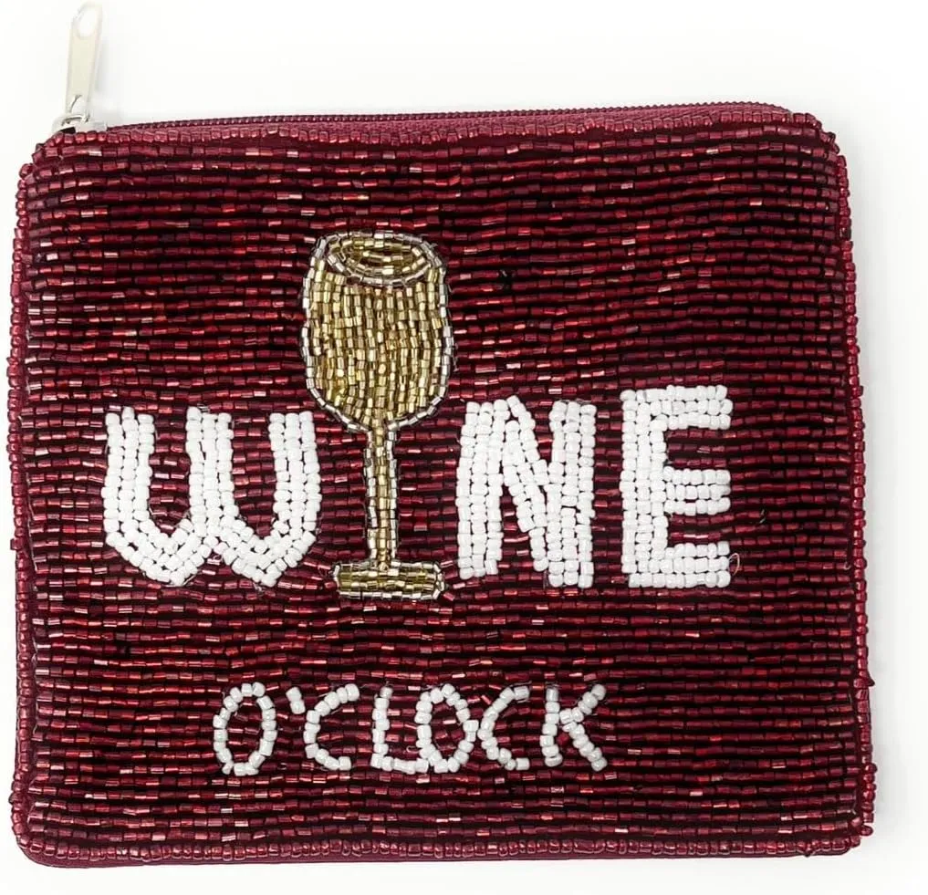 Wine O'Clock Beaded Coin Pouch, Small Wallet, Beaded Pouch, Wine Lover Must-Have, Small Pouch, Birthday Gifts