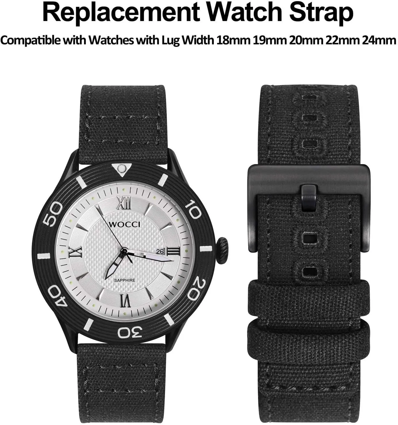 WOCCI Watch Bands, Sailcloth Canvas Fabric, Quick Release, Compatible Watch Lug Width 18mm 19mm 20mm 22mm 24mm